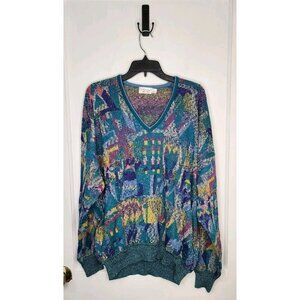 Vintage St Croix Mens Abstract Cotton Blend V-Neck Sweater Colorful Large USA